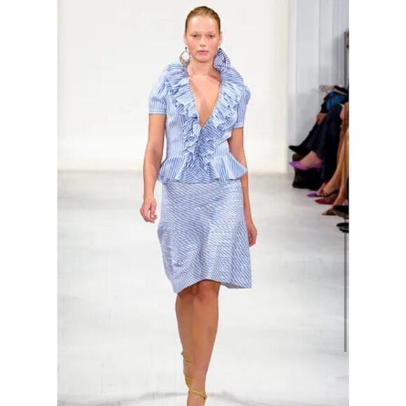 Ralph Lauren Collection Purple Label Blue Pinstripe Ruffle Silk Blouse Runway M - Picture 3 of 13